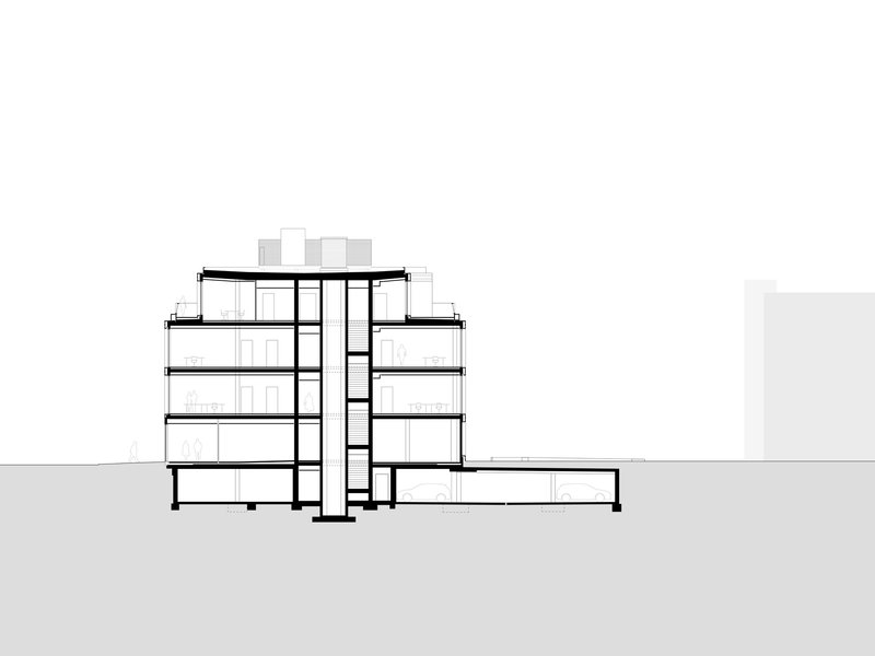 Section drawing displaying a multi-story volume with central stairwell and adjacent low-rise wing