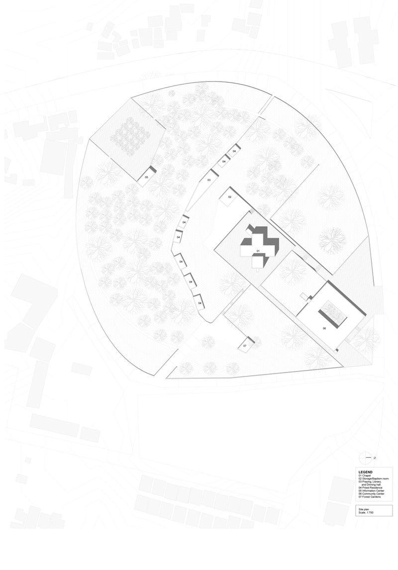 Site plan showing the chapel as a central mediator between community spaces, priest residences, and forest gardens.