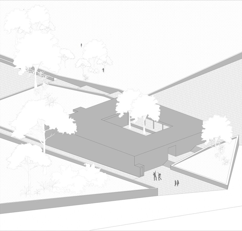 Forest-integrated community centre designed around courtyards, circulation routes, and shaded gathering spaces.