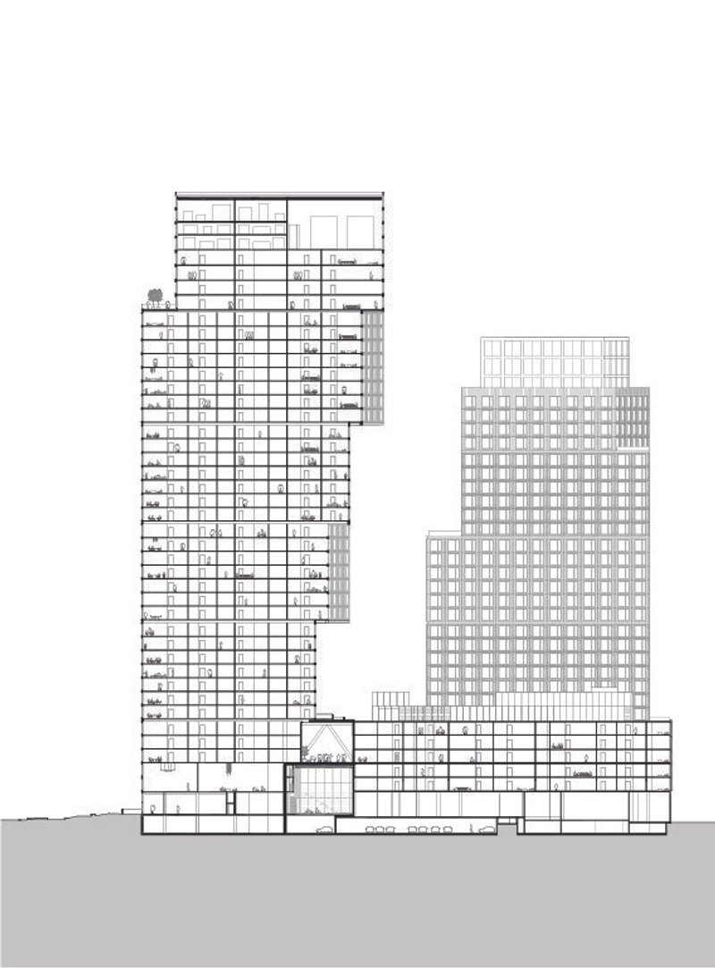 Section drawing depicting two tall tower volumes with a low-rise connecting structure at the base