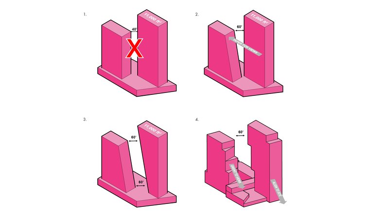 Axonometric diagram sequence showing four stages of massing rotation and interlocking between paired tower forms