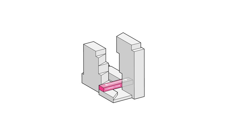 Isometric drawing highlighting a circulation connector in pink between two gray stepped tower volumes