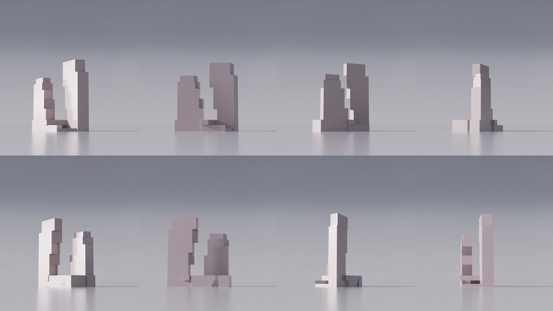 Elevation studies showing eight massing variations of vertical forms with setbacks and offset volumes