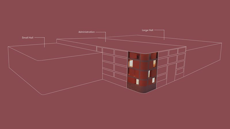 Axonometric drawing showing three linked hall volumes with illuminated corner glazing at their junction