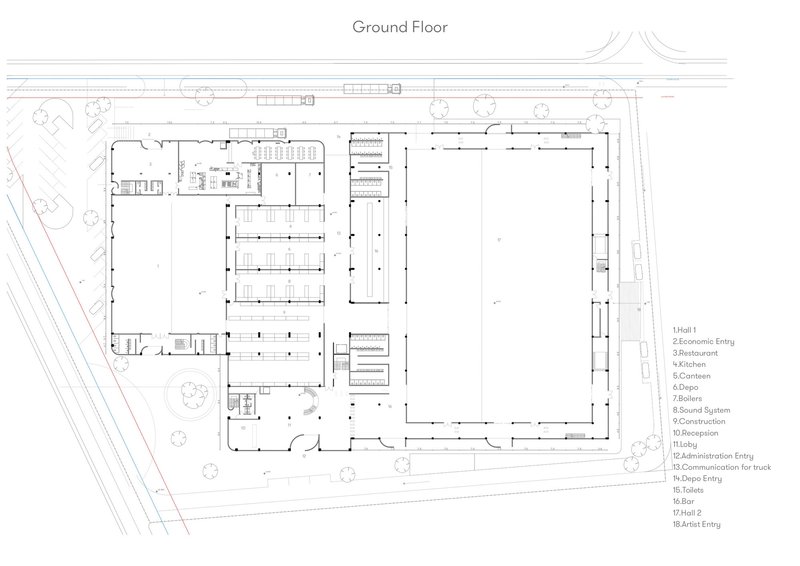 Ground floor plan drawing showing two large halls flanking central administration and service zones