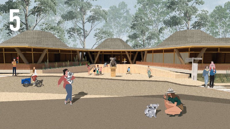 Hexagonal bamboo pavilions create a wildlife-centered public space integrated within the eucalyptus landscape.