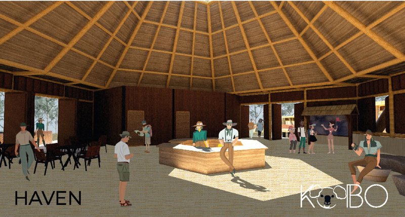 Warm bamboo interiors combine biophilic design, natural light, and community-focused gathering spaces.