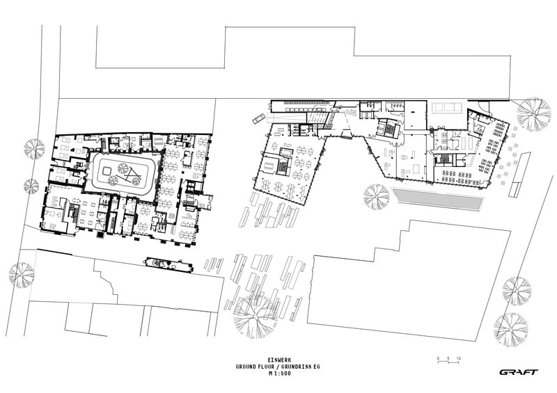 Ground floor plan drawing showing three angled building volumes arranged around a central courtyard with trees