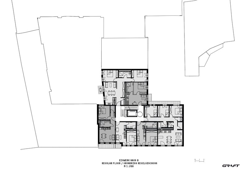 Regular floor plan drawing showing residential units arranged in an L-shaped configuration with a central circulation core