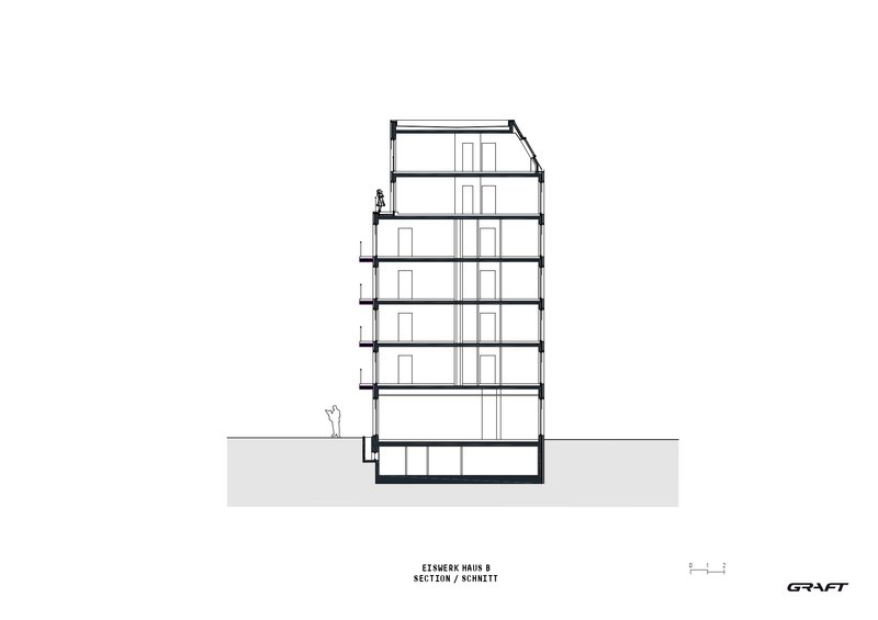 Section drawing showing seven levels with a sloped roof and a single figure at street level
