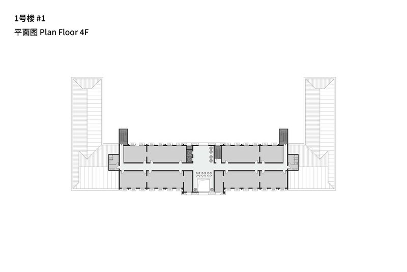 Fourth floor plan revealing sloped roof structures over corner towers and a compressed central bar