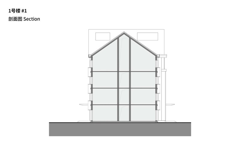 Section drawing through the pitched roof structure revealing four horizontal floor plates
