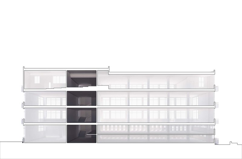 Section drawing showing a low-rise building with a dark vertical circulation core