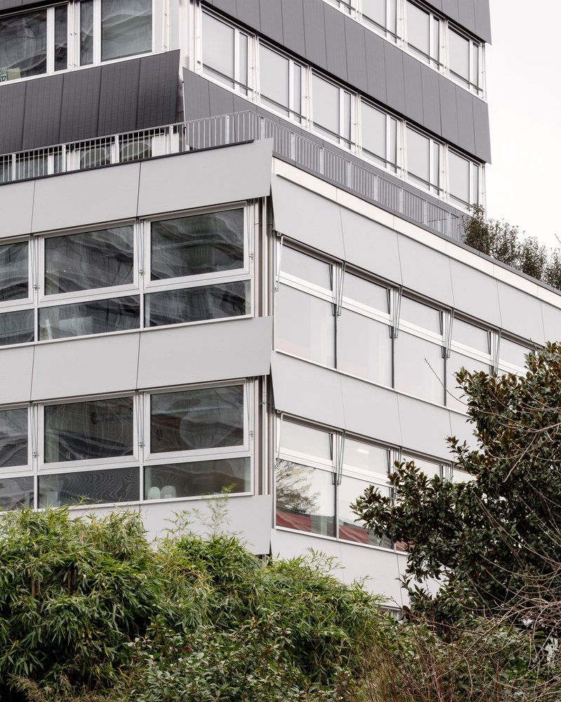 Corner balconies with metal railings and glazed openings framed by dense foliage below