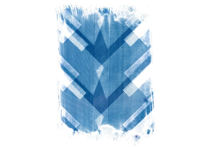 Cyanotype print depicting a symmetrical arrangement of overlapping architectural forms in blue tones