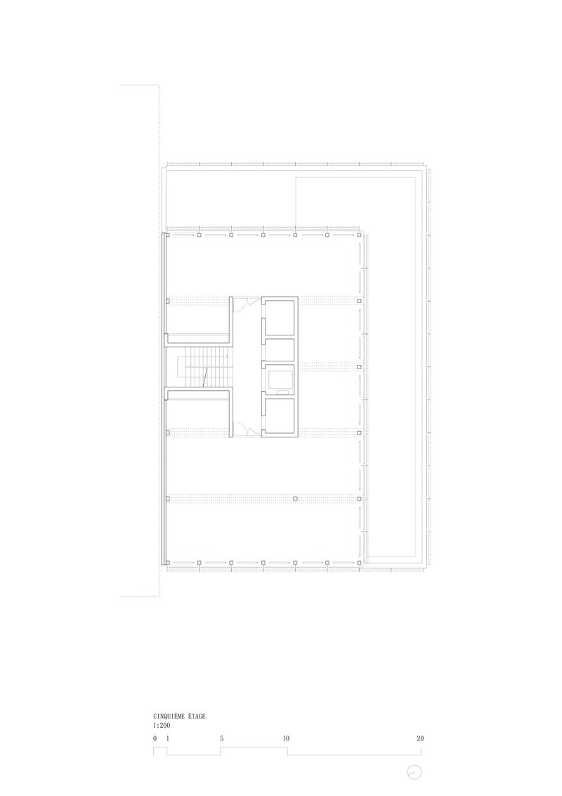 Floor plan drawing depicting a central service core with attached extension on the right side