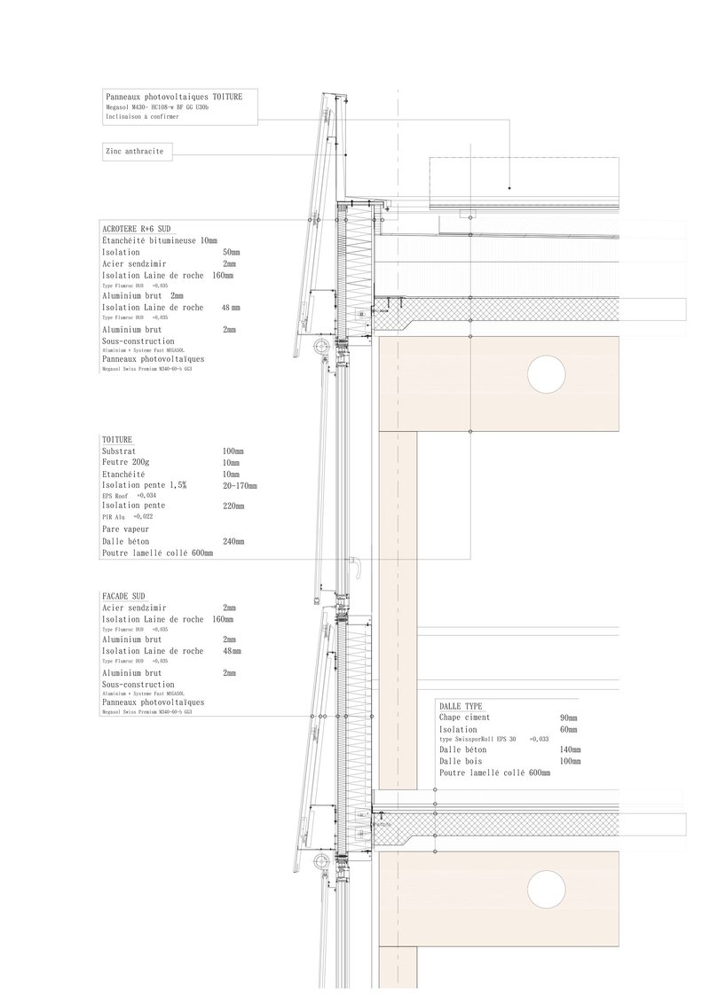 Detail section drawing showing facade assembly with insulation layers and structural connections annotated in French