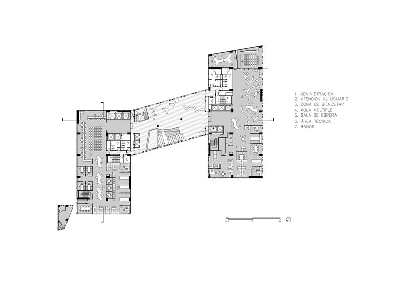 Upper level floor plan drawing showing angular corridors connecting multipurpose and administrative spaces