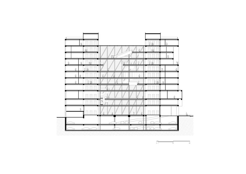 Section drawing revealing a central atrium with diagonal bracing flanked by two multi-story wings
