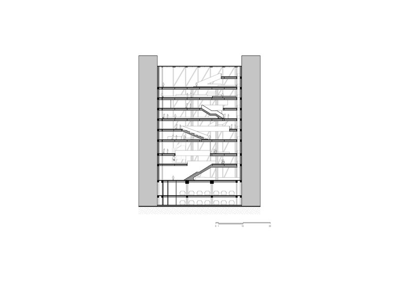 Section drawing showing interior staircases traversing multiple floors within an atrium space