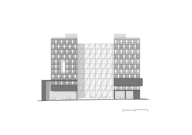 Elevation drawing showing two flanking towers with a central glazed atrium and diagonal structural bracing