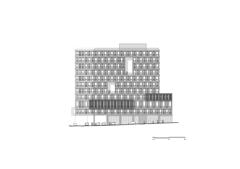 Elevation drawing showing a multistory building with gridded facade and stepped massing on the right side