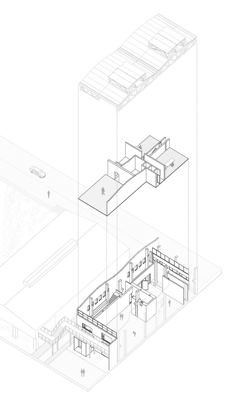 Exploded axonometric drawing showing three stacked floors, roof structure, and adjacent outdoor spaces