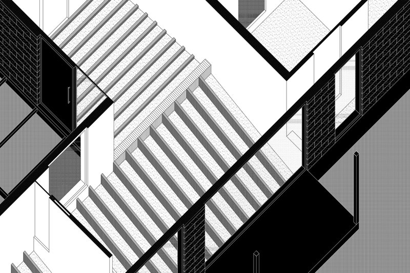 Axonometric drawing showing an angled staircase with open treads and surrounding textured wall surfaces
