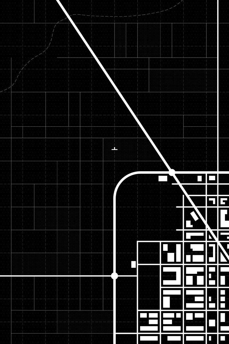 Site plan drawing showing a diagonal road intersecting a curved path near clustered building footprints