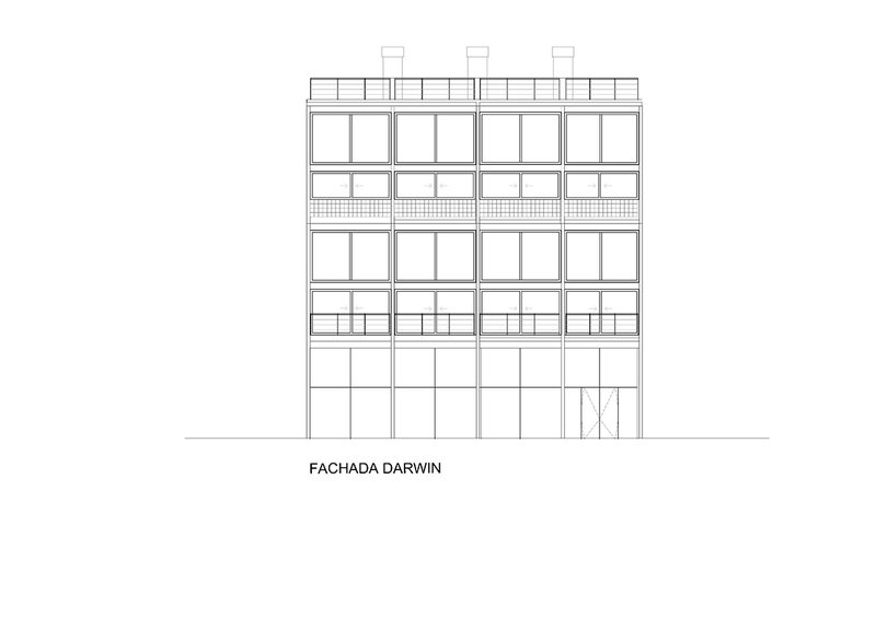Elevation drawing showing a five-story facade with regular window bays and rooftop ventilation units