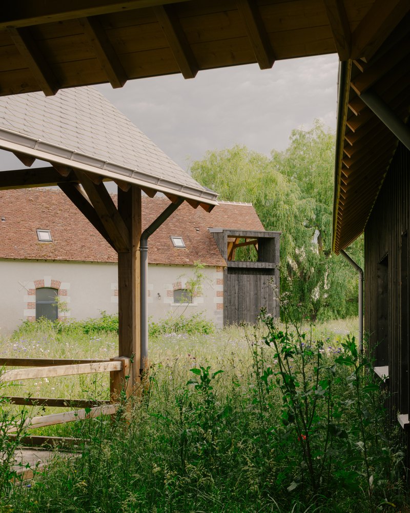 View from under a timber-framed canopy across wildflower meadow to weathered buildings beyond