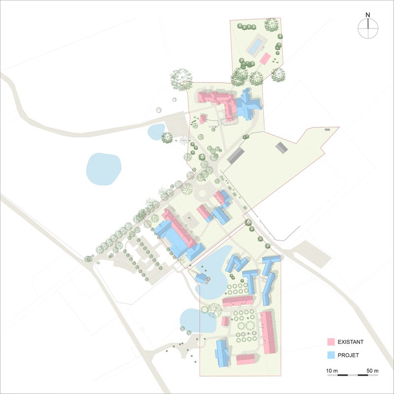 Site plan drawing showing a campus layout with existing and proposed buildings marked in pink and blue