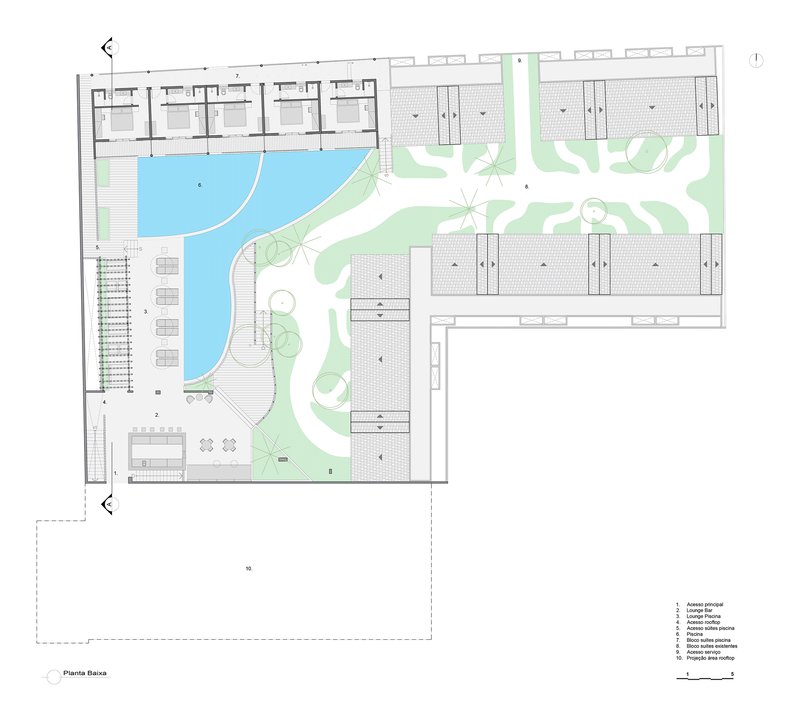 Floor plan drawing showing residential units with pool and landscaped courtyard zones