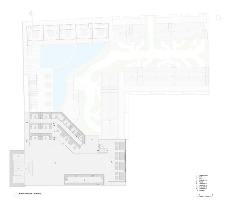 Floor plan drawing showing rooftop bar with angled seating rows and service areas