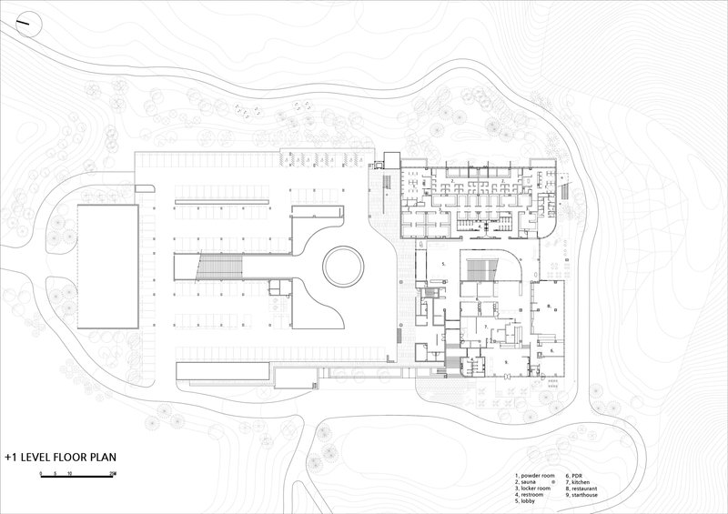 Level plus one floor plan drawing showing the main level with central courtyard and surrounding program zones