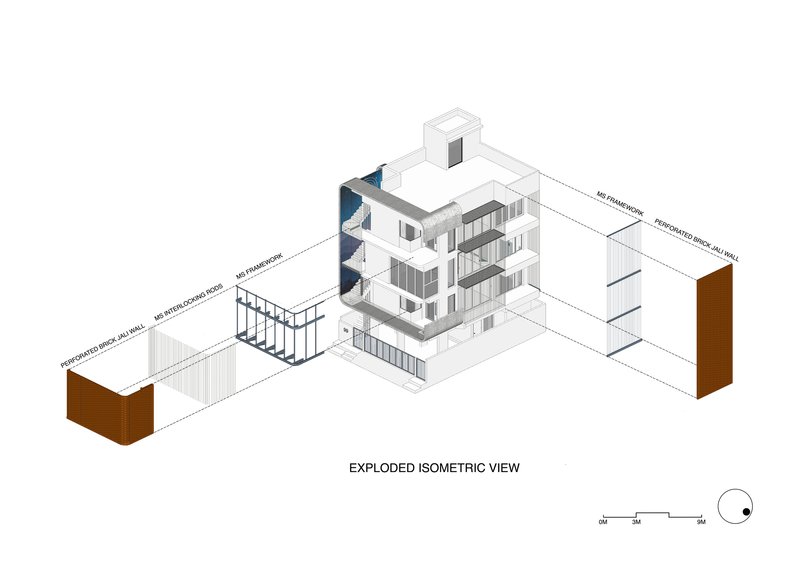 Exploded isometric drawing showing the separation of building volumes and perforated screen wall