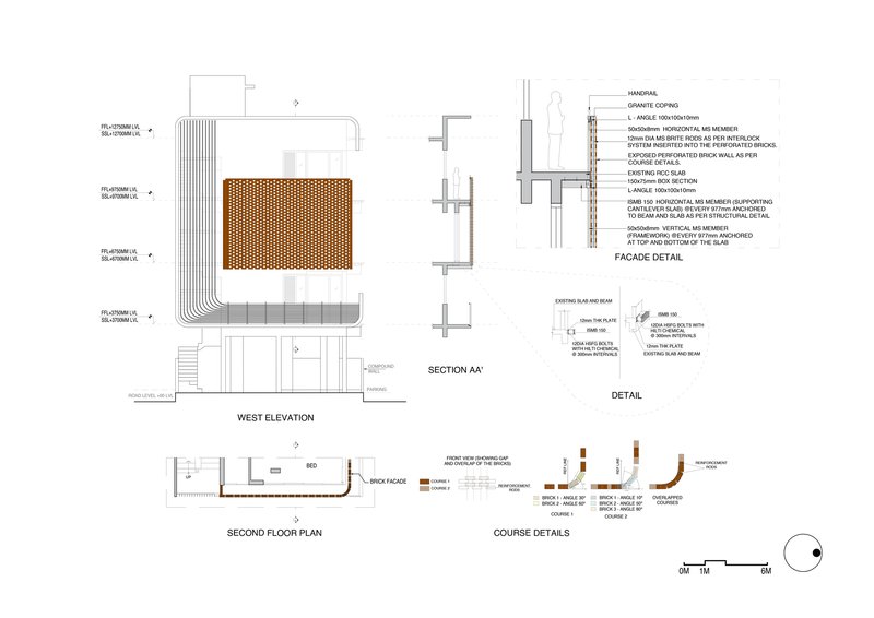 West elevation, section, and detail drawings showing brick screen and floor assembly