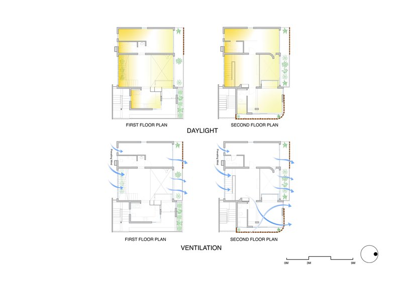 Floor plan drawings showing daylight and ventilation patterns across two residential levels with yellow highlight zones