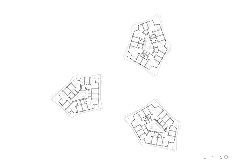 Floor plan drawings showing three pentagonal residential towers with central cores and radiating apartment units
