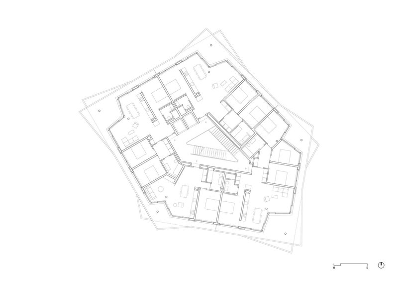 Floor plan drawing of a single pentagonal level with central staircase and residential units arranged around the perimeter