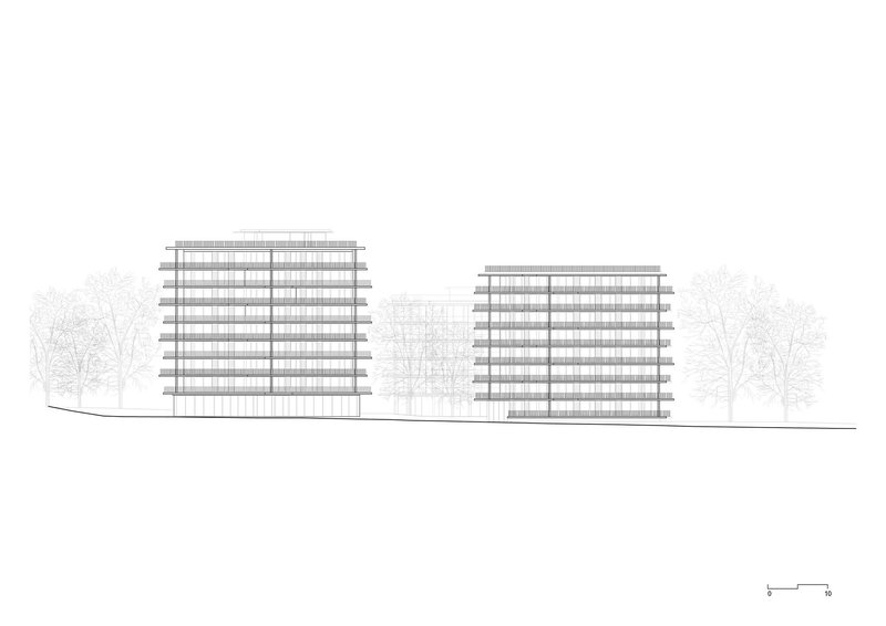 Elevation drawing showing two horizontal banded mid-rise volumes with trees flanking both sides on sloped ground