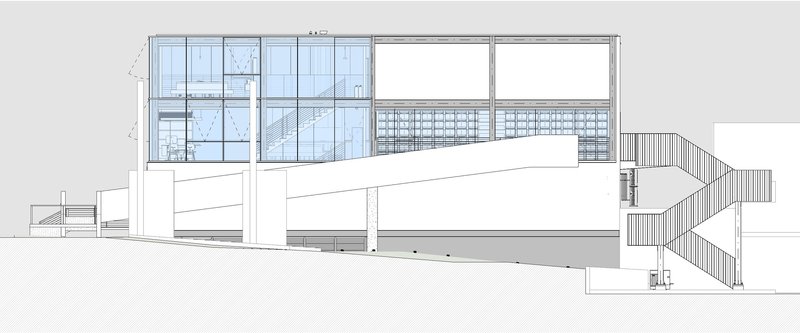 Elevation drawing depicting a glazed upper volume above a white podium with exterior stairs