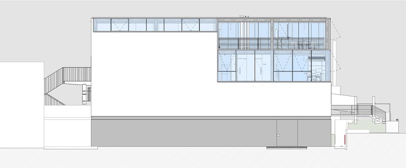 Elevation drawing showing a white volume with upper-level glazing and external staircase on the left