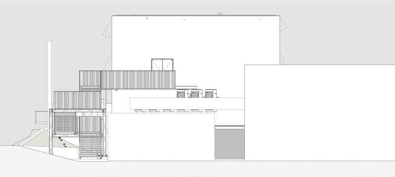 Elevation drawing featuring a vertical slatted element and horizontal roof monitors on white volumes