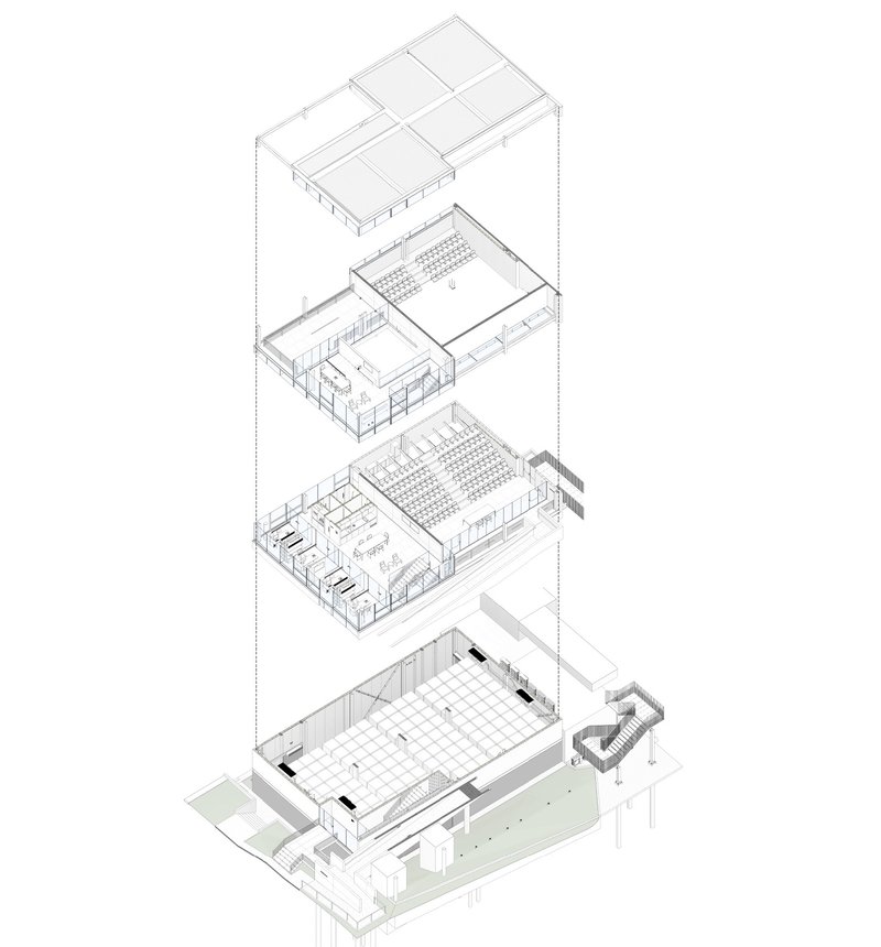 Exploded axonometric drawing illustrating four stacked floor levels with auditorium seating and circulation spaces