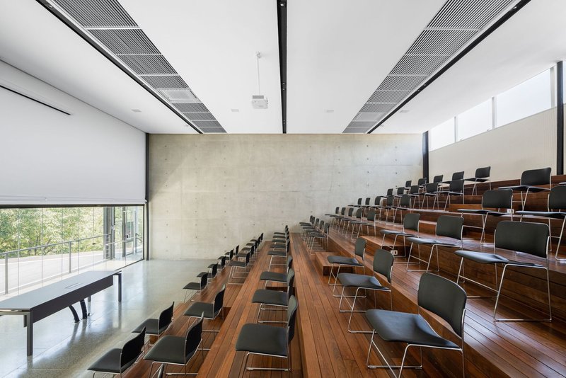 Tiered timber auditorium seating facing a board-formed concrete wall with clerestory windows above