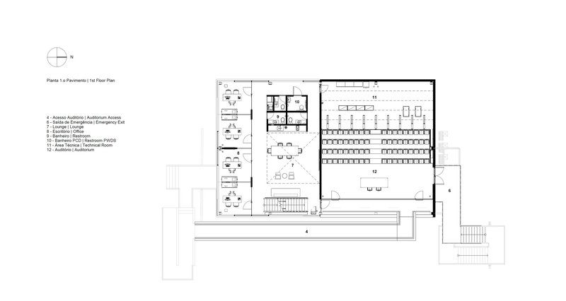 Floor plan drawing showing a large auditorium space alongside ancillary rooms and circulation areas