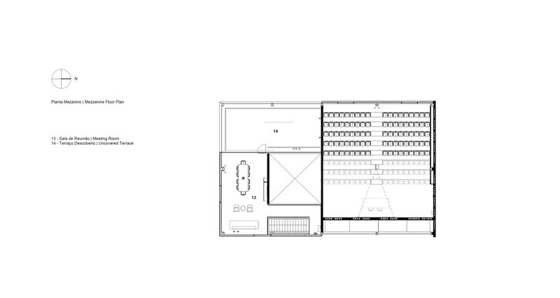 Mezzanine floor plan drawing depicting a meeting room and tiered seating area