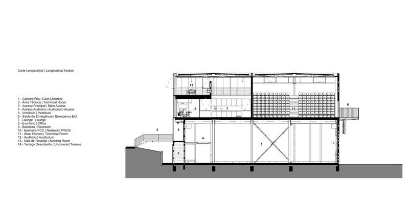 Longitudinal section drawing showing the two-story interior with an auditorium and mezzanine level above