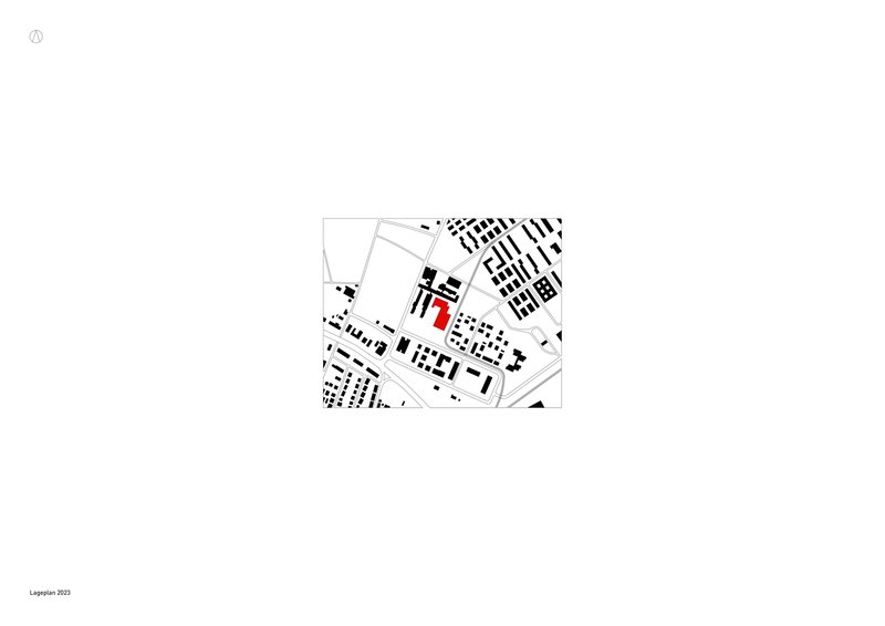 Site plan drawing showing the building footprint in red within the surrounding urban fabric